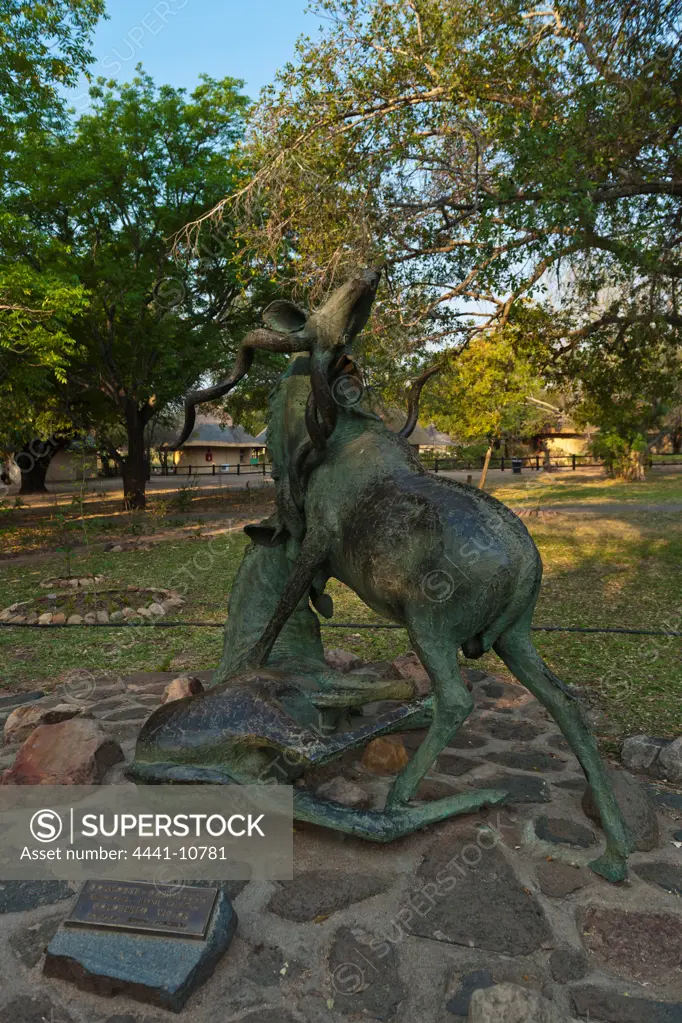 Statue of Kudus fighting at Skukuza Camp. Kruger National Park. Mpumalanga. South Africa. Skukuza is the main camp in the Kruger National Park. The name, adapted from Sikhukhuza (isiZulu), was a nickname for James Stevenson-Hamilton.