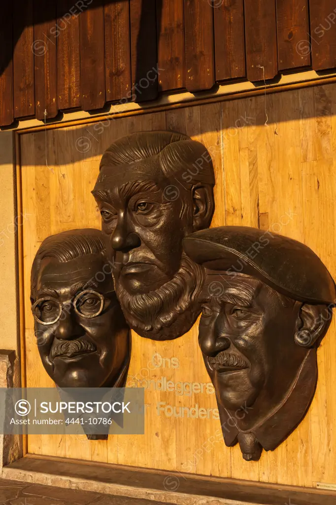 The Founding Fathers of Kruger National Park: Paul Kruger, President of the Zuid-Afrikaanse Republiek, James Stevenson-Hamilton and Harry Wolhuter. Skukuza Camp. Kruger National Park. Mpumalanga. South Africa.