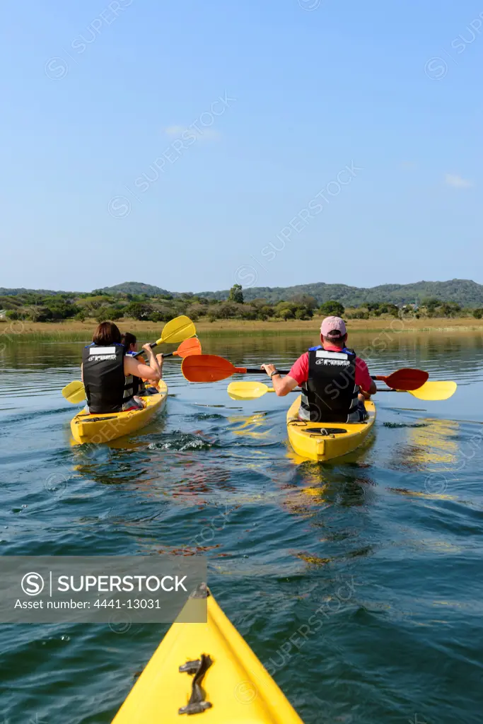Canoeing on Lake Sibhayi or Lake Sibaya,  wrongly known as Sibaya or Sibayi. Thonga Beach Lodge. Mabibi. Maputaland.  KwaZulu Natal. South Africa
