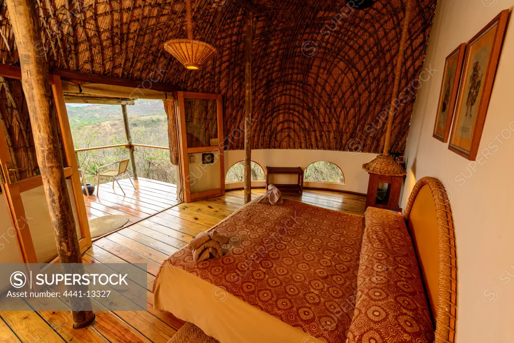 Chelet or hut interiot at Isibindi Zulu Lodge. Elandskraal. KwaZulu Natal. South Africa