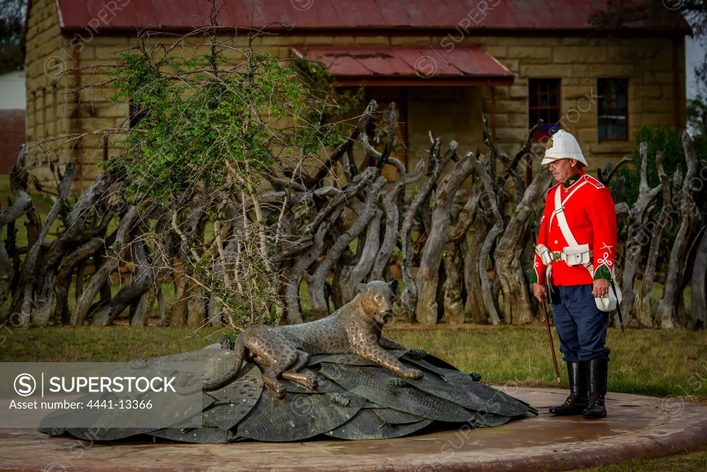 A British soldier at the Monument to the Zulu Wariors that fell at the Battle of Rorke's Drift. KwaZulu Natal. South Africa