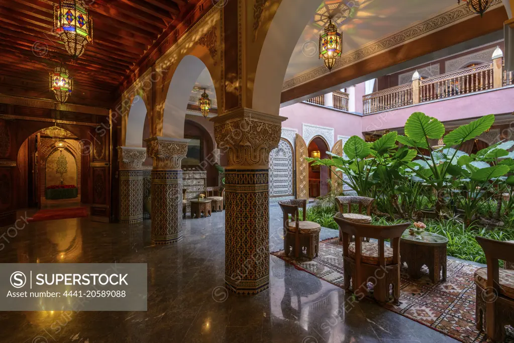 Courtyard at La Sultana Hotel. Marrakesh or Marrakech. Morocco