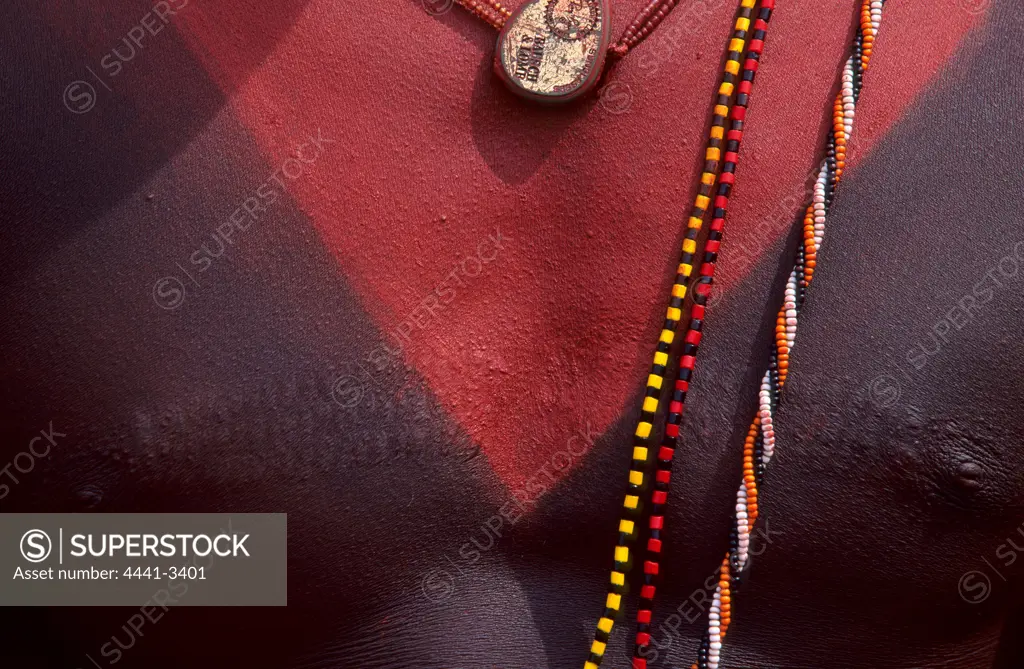 A typical V pattern in red ochre on the chest of a Maasai warrior.