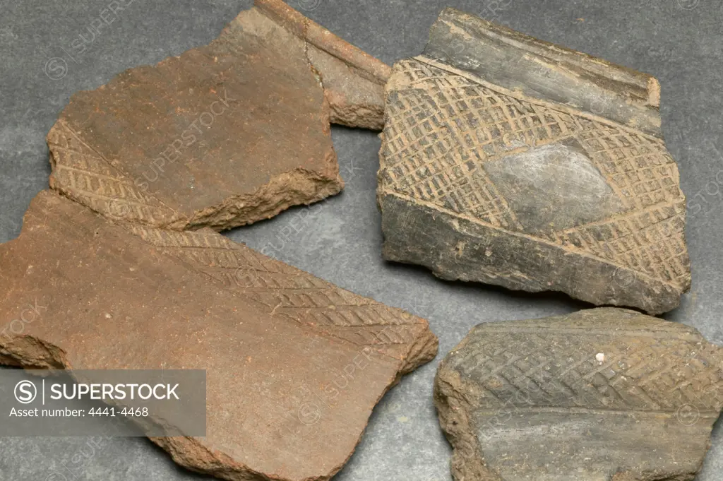 Pottery shards showing typical Mapungubwe period ( circa AD 1220-1290) decorations. Pieces have characteristic fine incesions. Collected at Mmamagwa iron and stone age site. This area has been occupied but both iron age and stone age people for about the last 50 000 years. Mashatu Game Reserve. Nothern Tuli Game Reserve. Botswana.