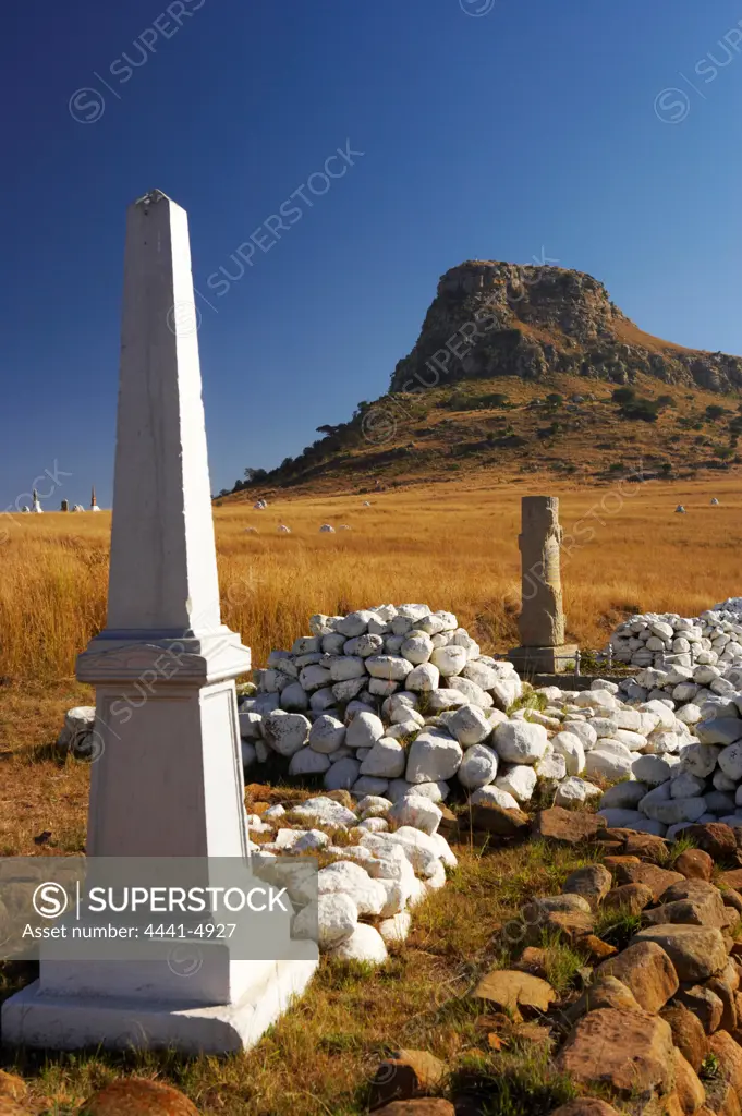 Memorials and graves of the British soldiers who fell at the Battle of Isandlwana during the Anglo Zulu War of 1879. Near Nqutu. KwaZulu-Natal. South Africa.