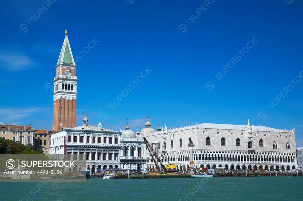 Piazza San Marco from the Canal Grande (Grand Canal) showing Palazzo Ducale and the Campanile with the domes of the Basilica di San Marco in the background. Venice. Italy