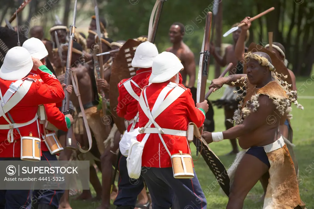 Reenactment of British soldiers and Zulu warriors fighting. Dundee. KwaZulu Natal. South Africa