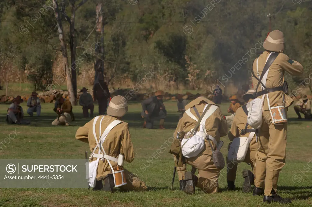 British soldiers fighting against boer forces at the reenactment of the Battle of Talana. Dundee. KwaZulu Natal. South Africa