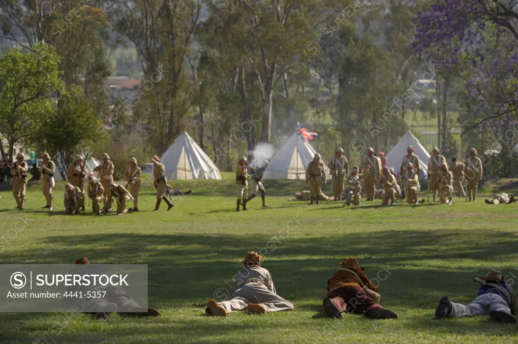 British soldiers fighting against boer forces at the reenactment of the Battle of Talana. Dundee. KwaZulu Natal. South Africa
