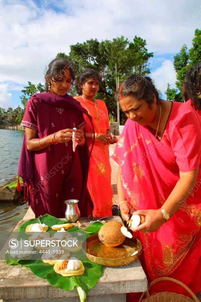 People preparing food for the god, Shiva in a Hindu dedication ceremony.  Grand Bassin. Mauritius