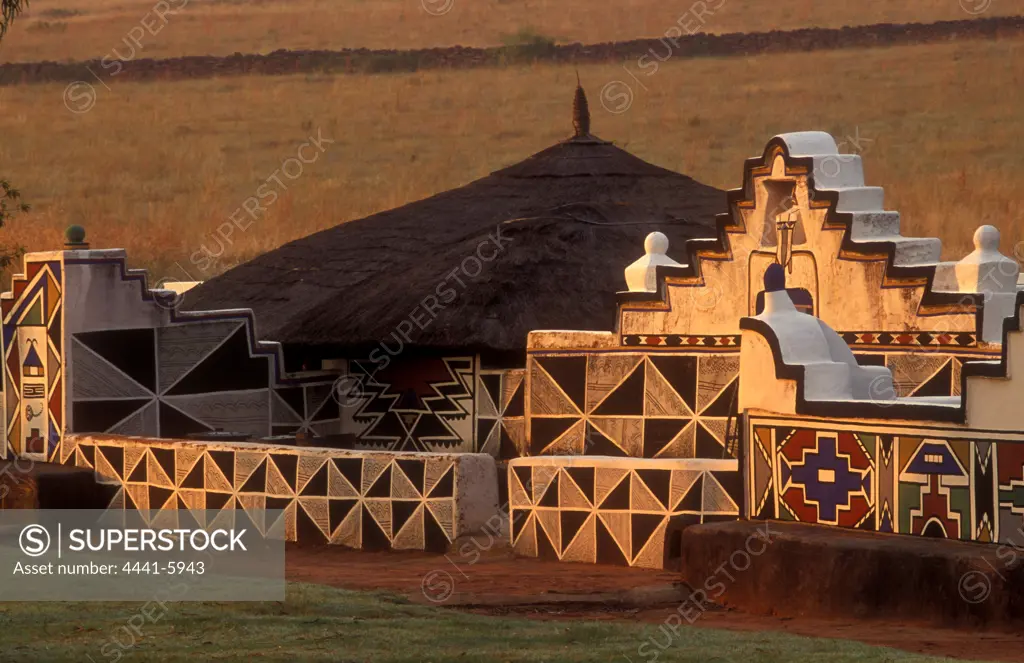 Ndebele Homestead. Showing typical painting of walls. Botshabelo Historical Village. Mpumalanga. South Africa.