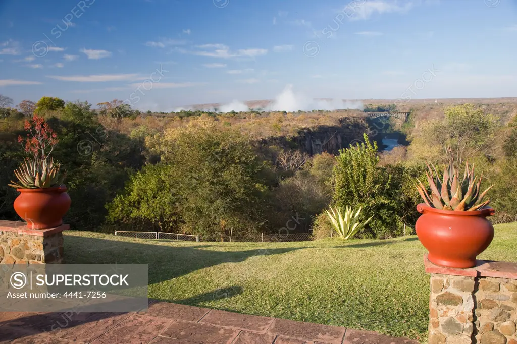View of the 2nd Gorge and Victoria Falls from the Victoria Falls Hotel gardens. Victoria Falls. Zimbabwe