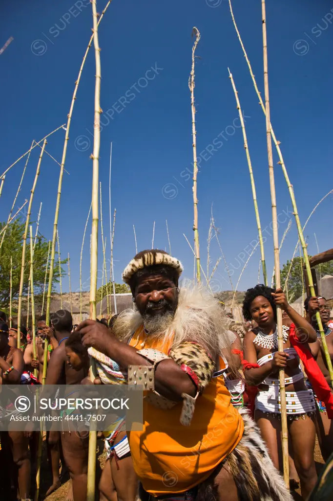 Zulu girls in traditional dress delivering reeds to the King as symbols of their virginity. They are assisted in stacking them by elders. Zulu Reed Dance. eNyokeni Royal Palace. Nongoma. KwaZulu Natal. South Africa
