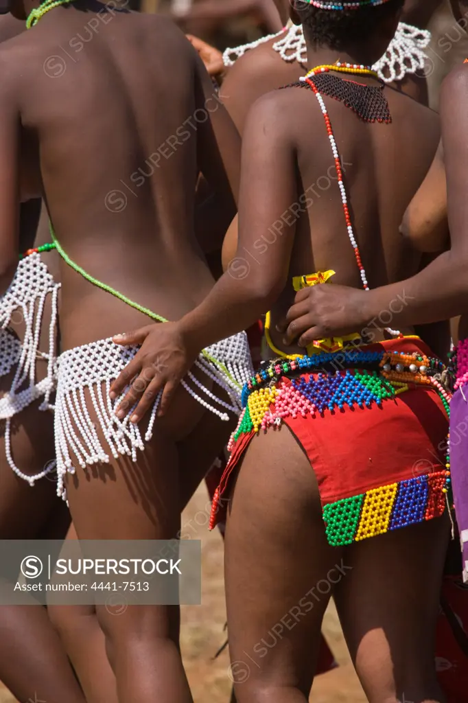 Zulu girls in traditional dress at the Zulu Reed Dance. eNyokeni Royal Palace. Nongoma. KwaZulu Natal. South Africa