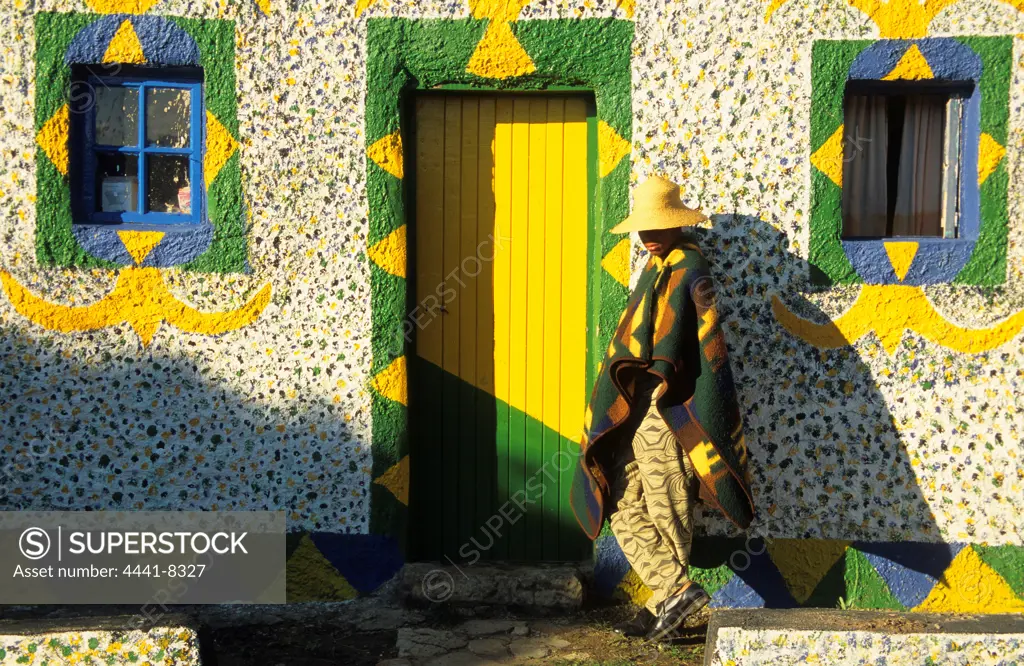 Basotho Man. Outside house. Basotho Cultural Village. Quaqua.  South Africa.