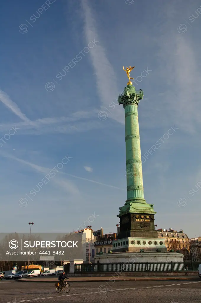 The Place de la Bastille and The July Column (Colonne de Juillet) which commemorates the events of the July Revolution (1830) stands at the centre of the square. Paris. France