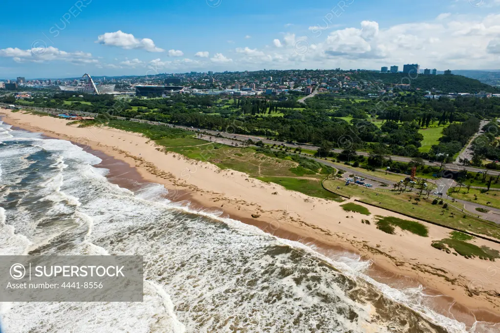 View of Durban coastline showing Durban Country Golf Club and The Moses Mabhida Soccer Stadium.  KwaZulu Natal. South Africa