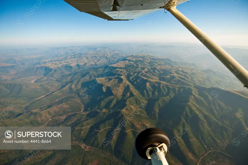 Aerial view of the KwaZulu Natal landscape between Pietermaritzburg and the Tugela River. Plantations of Gum and Pine trees are typical farming products in this area. KwaZulu Natal. South Africa