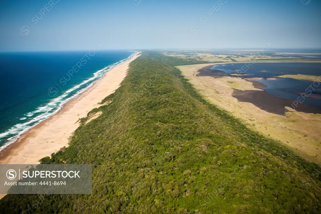 Aerial view of the iSimangaliso Wetland Park (previously the Greater St Lucia Wetland Park) showing the Eastern Shores, the forested coastal dunes and the Indian Ocean. KwaZulu Natal. South Africa