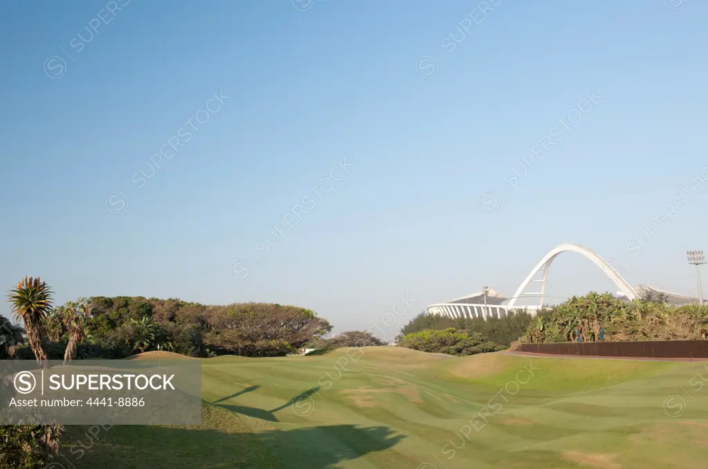 Moses Mabhida Soccer Stadium from the Durban Country Club golf course. Durban. KwaZulu Natal. South Africa.