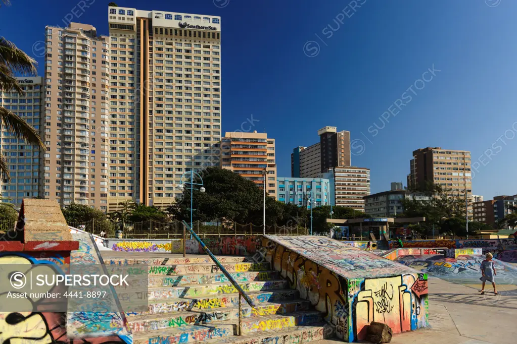 Skateboard (Skate Board) Park on the Golden Mile with the beachfront hotels in the background. Durban. KwaZulu Natal. South Africa.