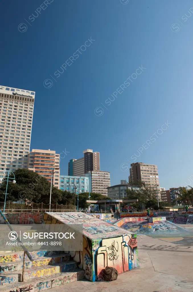 Skateboard (Skate Board) Park on the Golden Mile with the beachfront hotels in the background. Durban. KwaZulu Natal. South Africa.