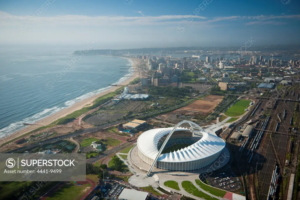 Aerial view of Durban showing The Moses Mabhida Stadium and city in the background. KwaZulu Natal. South Africa.