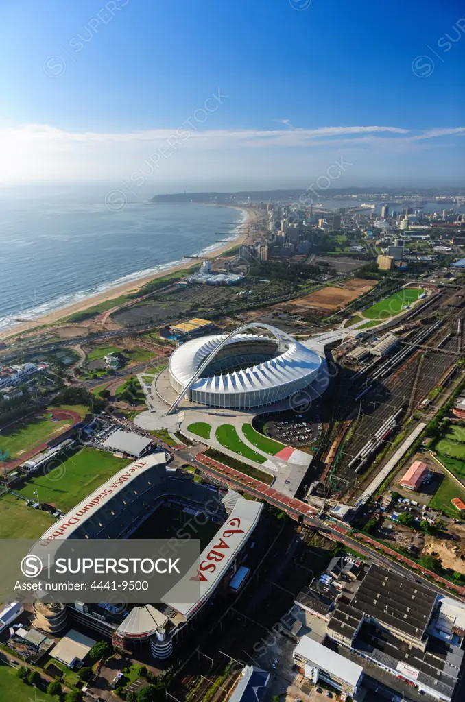 Aerial view of Durban showing The Moses Mabhida and ABSA Stadiums and city in the background KwaZulu Natal. South Africa.