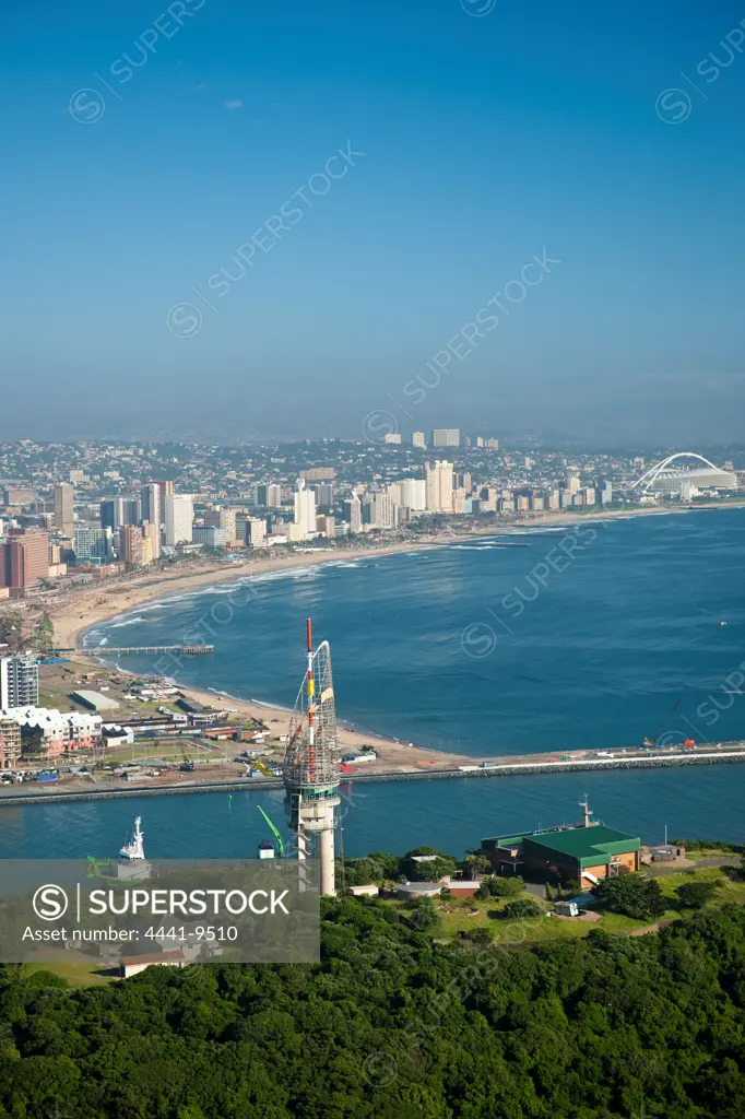 Aerial view of The Bluff, Harbour, Millennium Tower, city and The Moses Mabhida Stadium in the distance. Durban. KwaZulu Natal. South Africa.