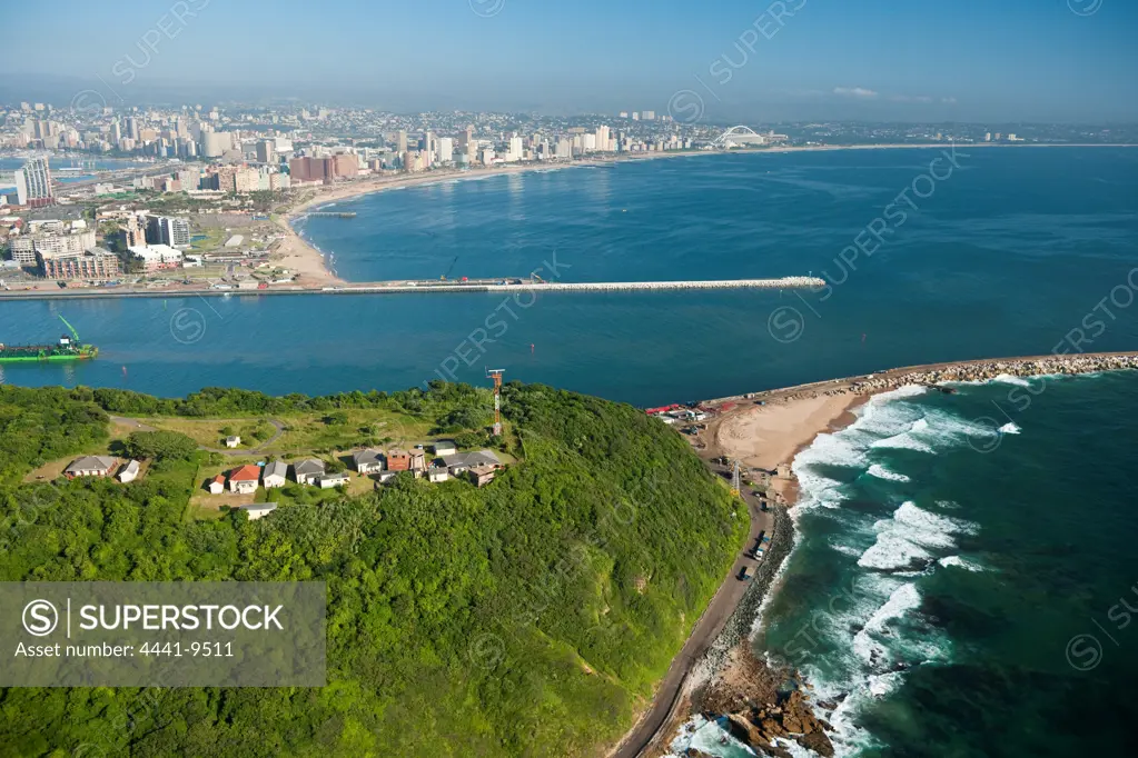 Aerial view of The Bluff, Harbour, city and The Moses Mabhida Stadium in the distance. Durban. KwaZulu Natal. South Africa.