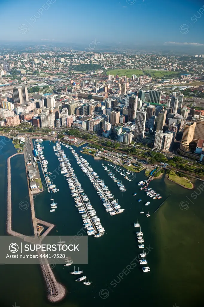 Aerial view of the city, Point and Royal Yacht Clubs and small craft harbour. Durban. KwaZulu Natal. South Africa.