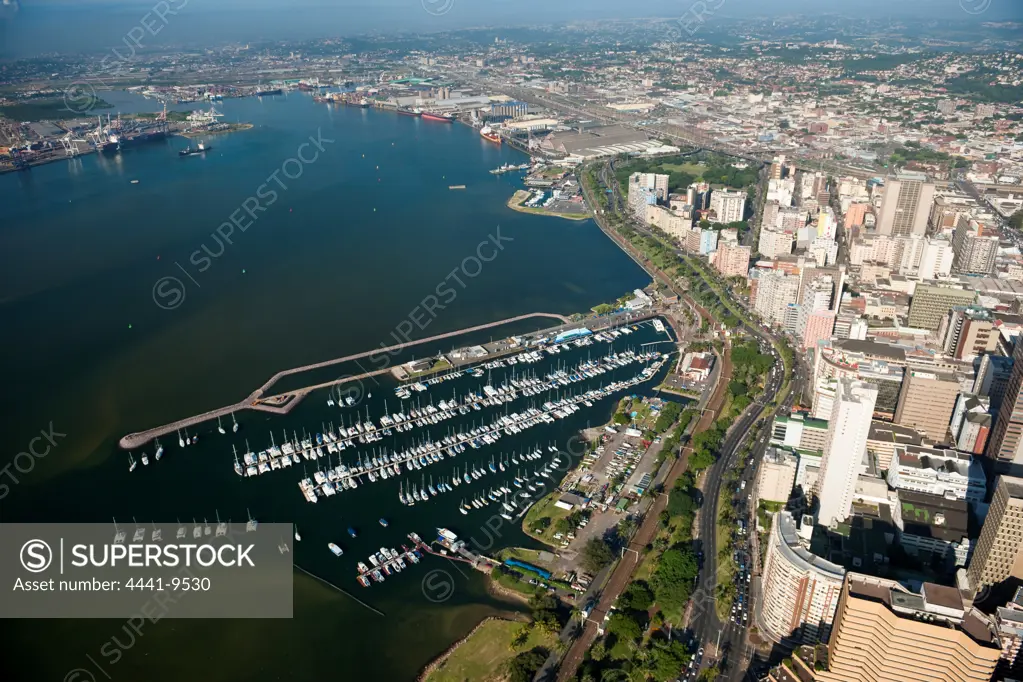Aerial view of the city, Point and Royal Yacht Clubs and small craft harbour. Durban. KwaZulu Natal. South Africa.
