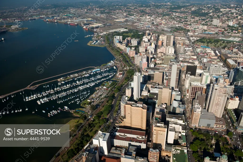 Aerial view of the city, Point and Royal Yacht Clubs and small craft harbour. Durban. KwaZulu Natal. South Africa.