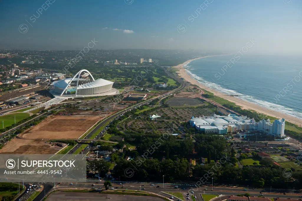 Aerial view of The Moses Mabhida Stadium, the Suncoast Casino and coastline. Durban. KwaZulu Natal. South Africa.