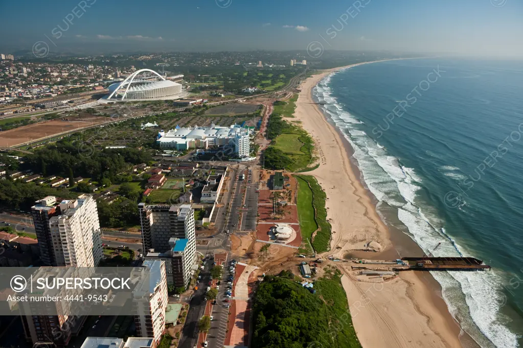 Aerial view of The Moses Mabhida Stadium, the Suncoast Casino and coastline. Durban. KwaZulu Natal. South Africa.