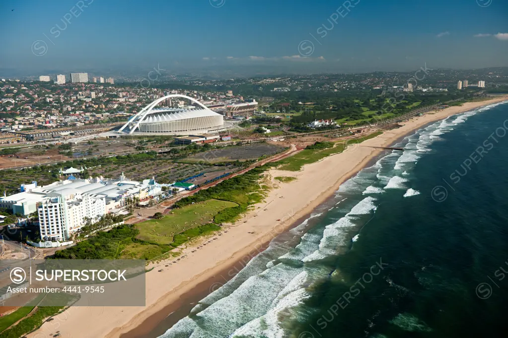 Aerial view of The Moses Mabhida Stadium, the Suncoast Casino and coastline. Durban. KwaZulu Natal. South Africa.