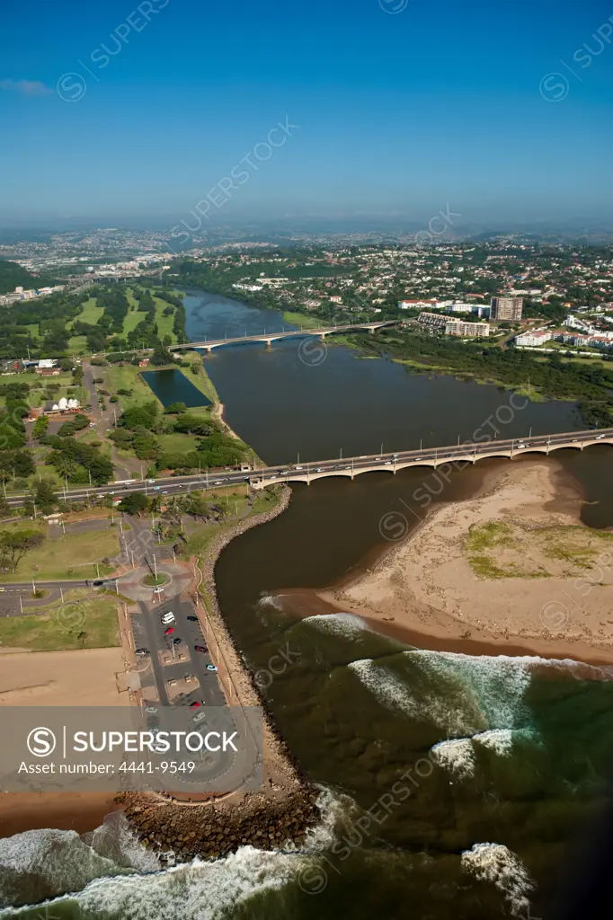 Aerial view of  Umgeni River Mouth and The Blue Lagoon. Durban. KwaZulu Natal. South Africa.