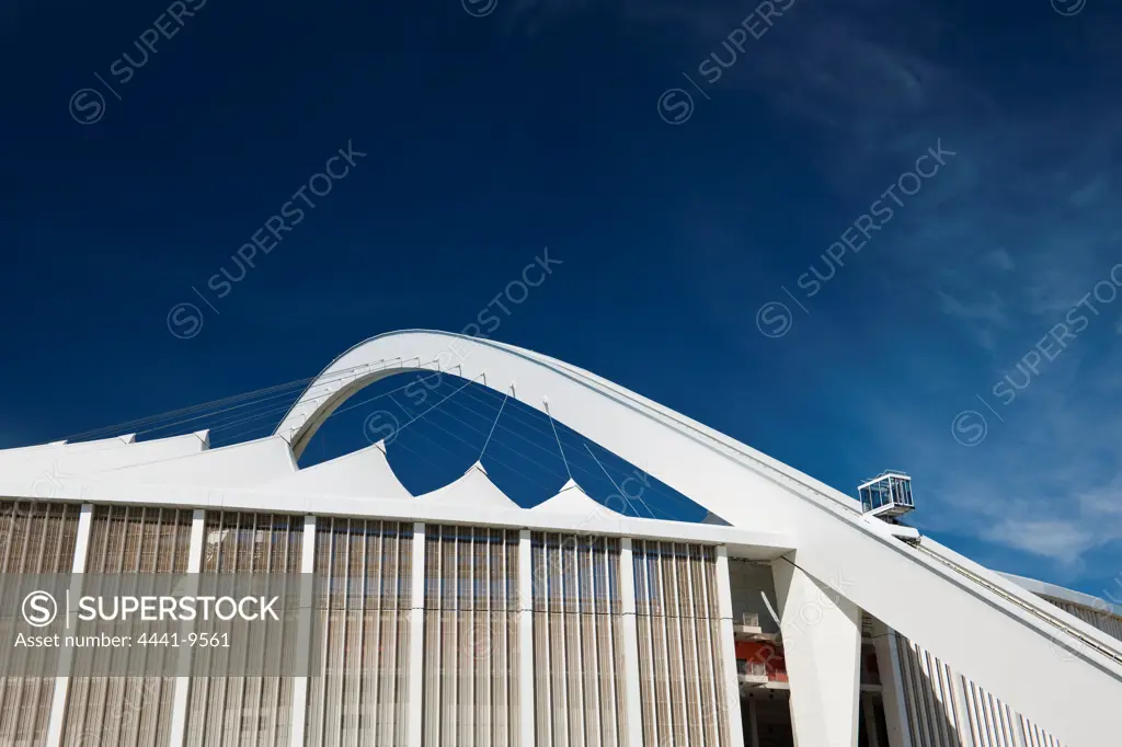 The Moses Mabhida Stadium showing the cable car on the arch. Durban. KwaZulu Natal. South Africa.