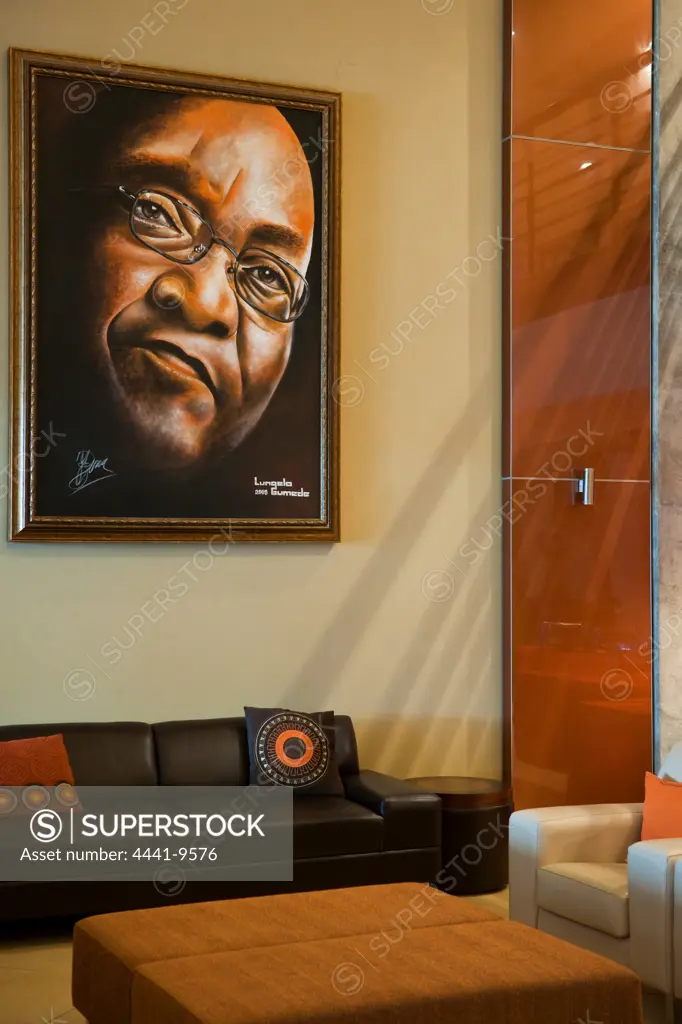 Painting of President Jacob Zuma  by Lumgelo Gumede in the Moses Mabhida Stadium VIP Centre. Durban. KwaZulu Natal. South Africa.