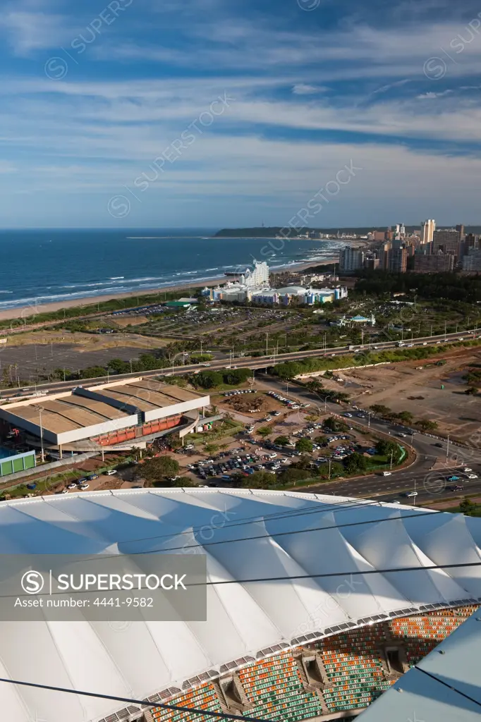 View of the city, beachfront and the Bluff from the top of the Arch at The Moses Mabhida Stadium. Durban. KwaZulu Natal. South Africa.