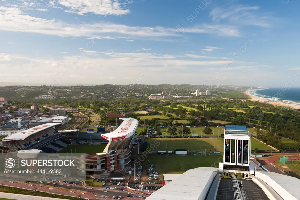 View North from the top of the Arch at The Moses Mabhida Stadium showing, the cable car, ABSA stadium, the Durban Country Club Golf Gourse and Umhlanga in the distance. Durban. KwaZulu Natal. South Africa.