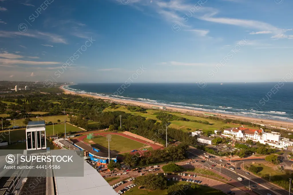 View North from the top of the Arch at The Moses Mabhida Stadium showing, the cable car, ABSA stadium, the Durban Country Club Golf Gourse and Umhlanga in the distance. Durban. KwaZulu Natal. South Africa.