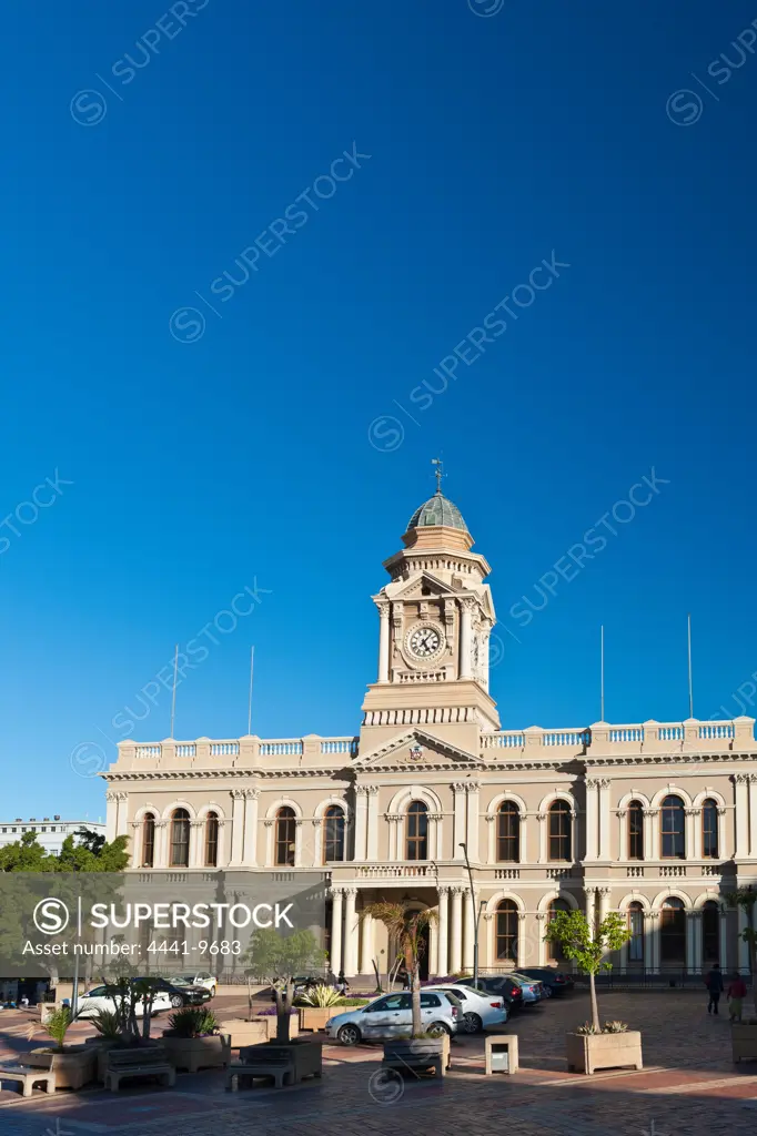 City Hall. Port Elizabeth. Eastern Cape. South Africa. The Port Elizabeth City Hall, which is located in Market Square, was built between 1858 and 1862. The attractive clock tower was only added in 1883.