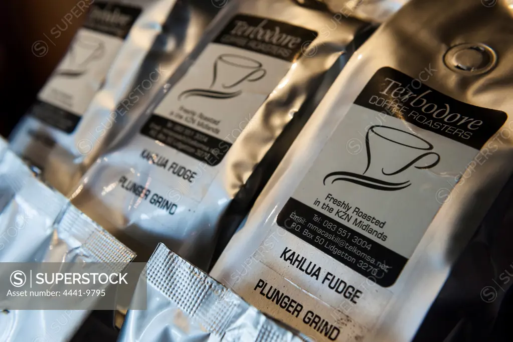 Packs of coffee at Terbodore Coffee Roasters. The Coach House B&B. Currys (Curry's) Post. KwaZulu Natal Midlands. South Africa