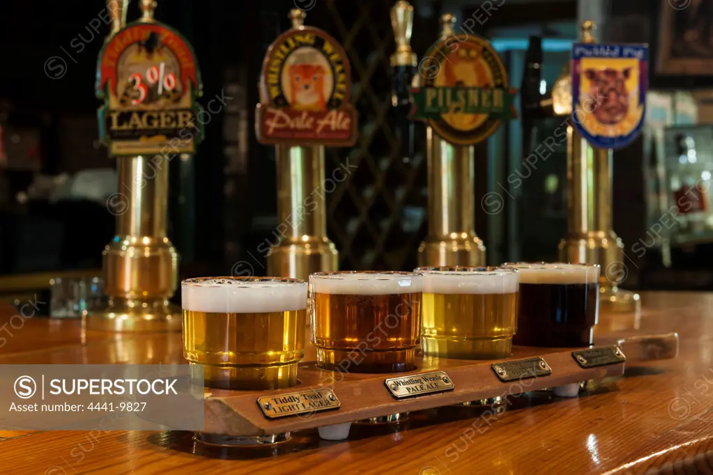 Beer and beer pumps at Nottingham Road Brewery. Rawdons Hotel. Nottingham Road. KwaZulu Natal Midlands. South Africa