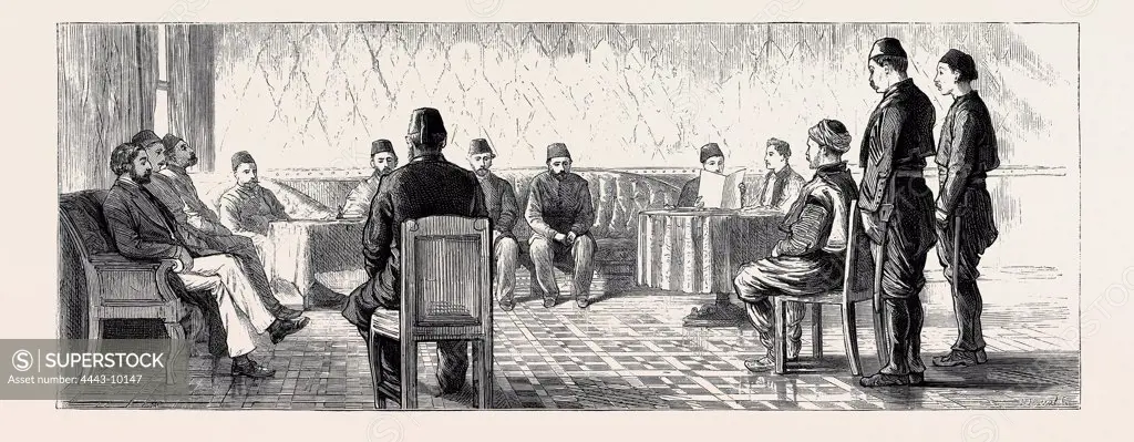 THE MASSACRES AT BATAK, TRIAL OF THE BASHI-BAZOUKS AT PHILIPPOPOLIS; THE TRIAL OF THE BASHI-BAZOUKS, THE COURT ON THE FIRST DAY, 1877 engraving
