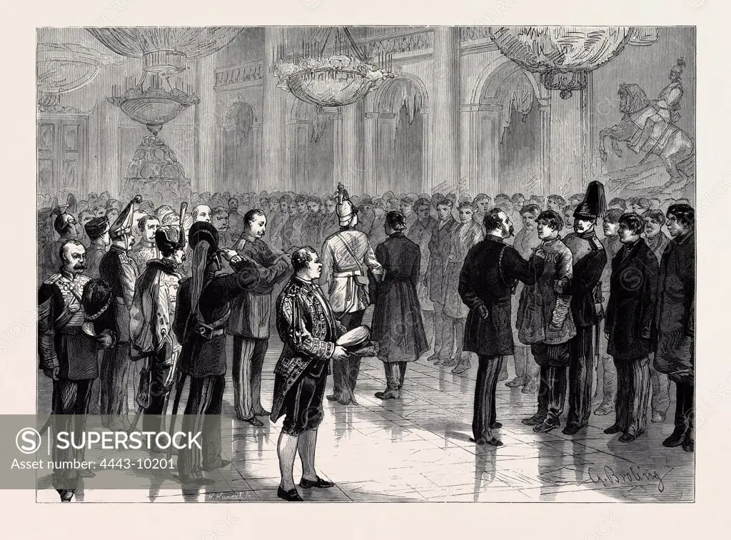 THE CZAR OF RUSSIA MARKING RECRUITS WITH THE NUMBER OF THEIR REGIMENTS, IN THE WINTER PALACE, ST. PETERSBURG, 1877 engraving