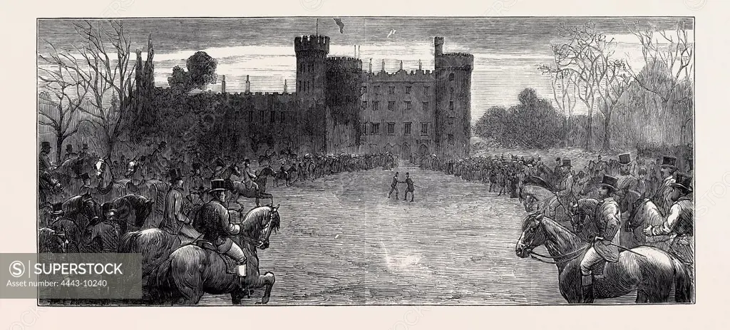 VISIT OF H.R.H. THE DUKE OF CONNAUGHT TO KILKENNY CASTLE, MEET OF THE FOXHOUNDS, 1877 engraving
