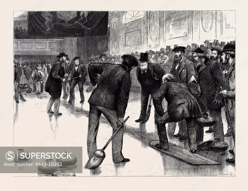 CURLING AT AN ICE RINK, MANCHESTER, 1877 engraving