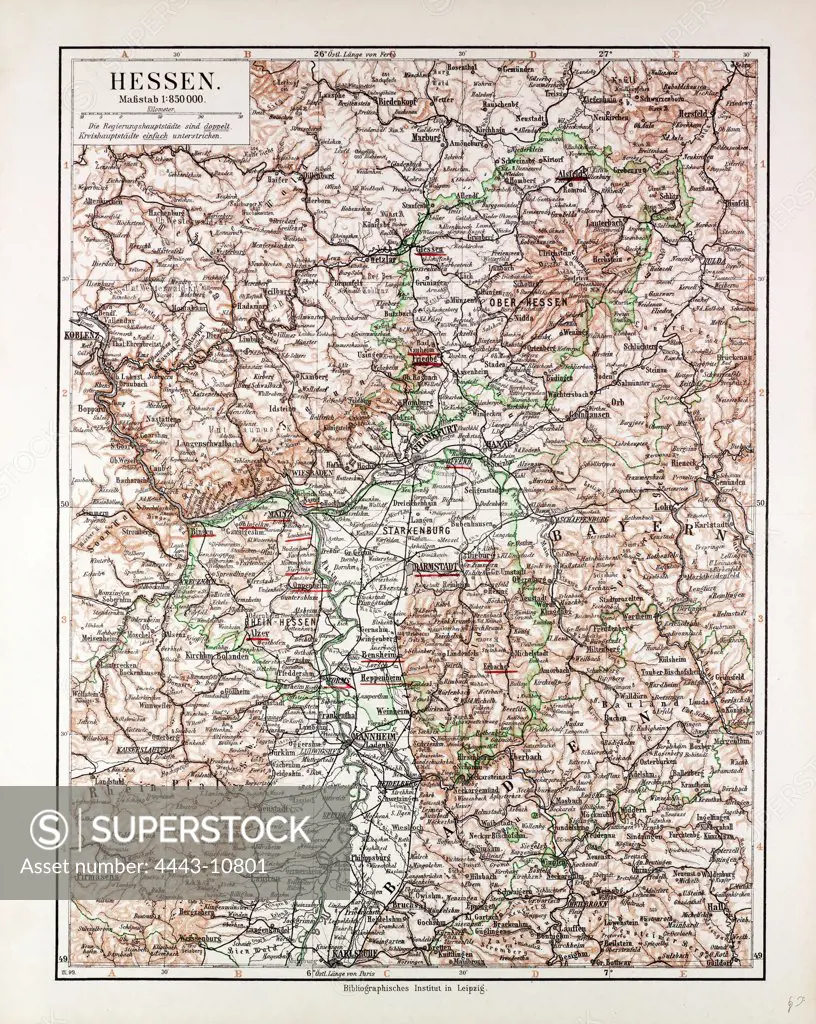 MAP OF HESSEN, GERMANY, 1899